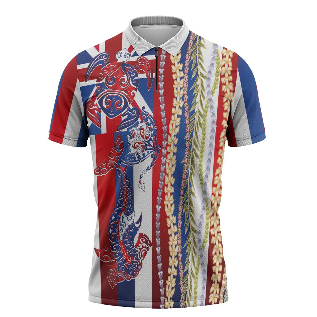 Hawaiian Sea Animals Zipper Polo Shirt with Lei and Flag Style LT03 Multicolor - Polynesian Pride