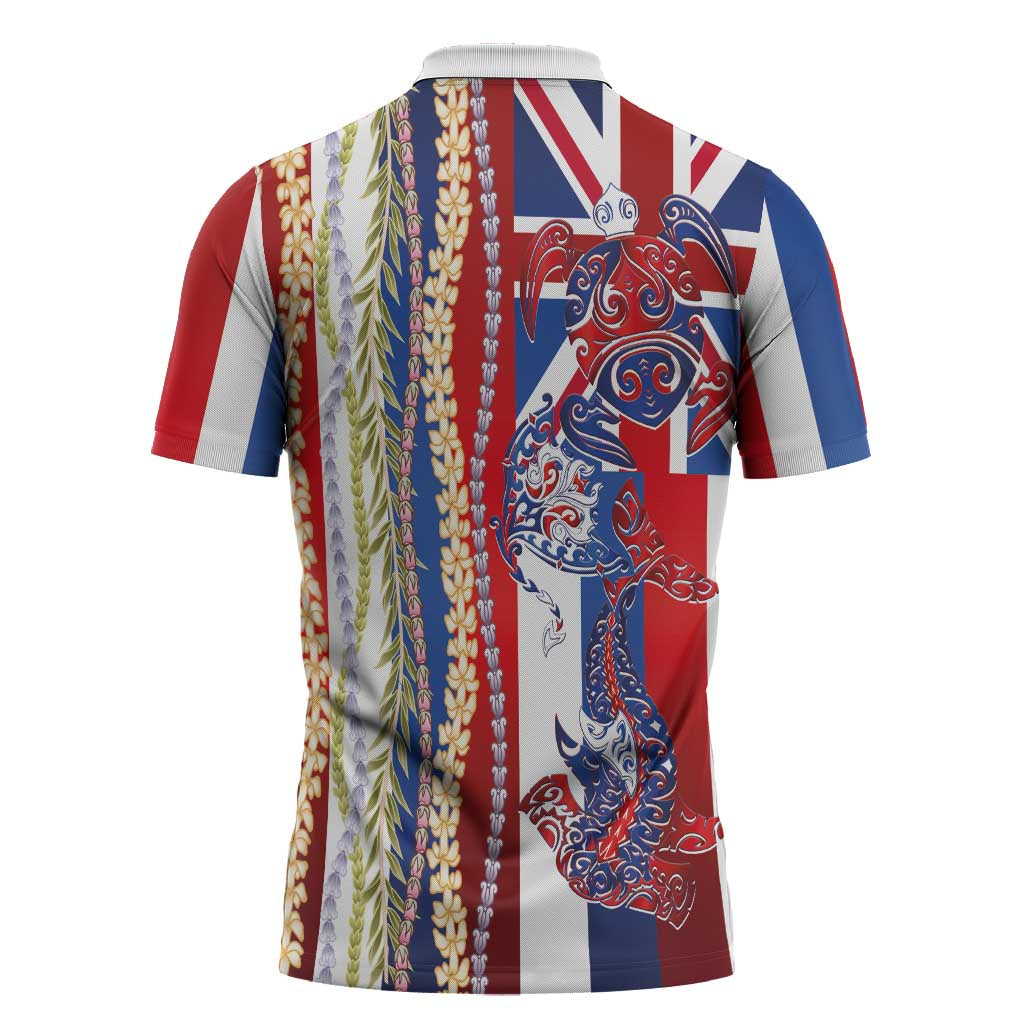 Hawaiian Sea Animals Zipper Polo Shirt with Lei and Flag Style LT03 - Polynesian Pride