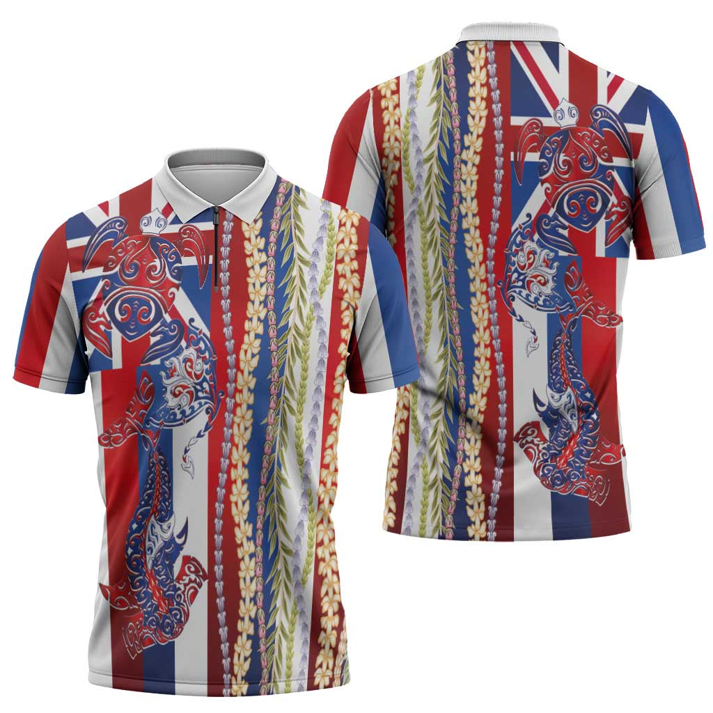 Hawaiian Sea Animals Zipper Polo Shirt with Lei and Flag Style LT03 - Polynesian Pride