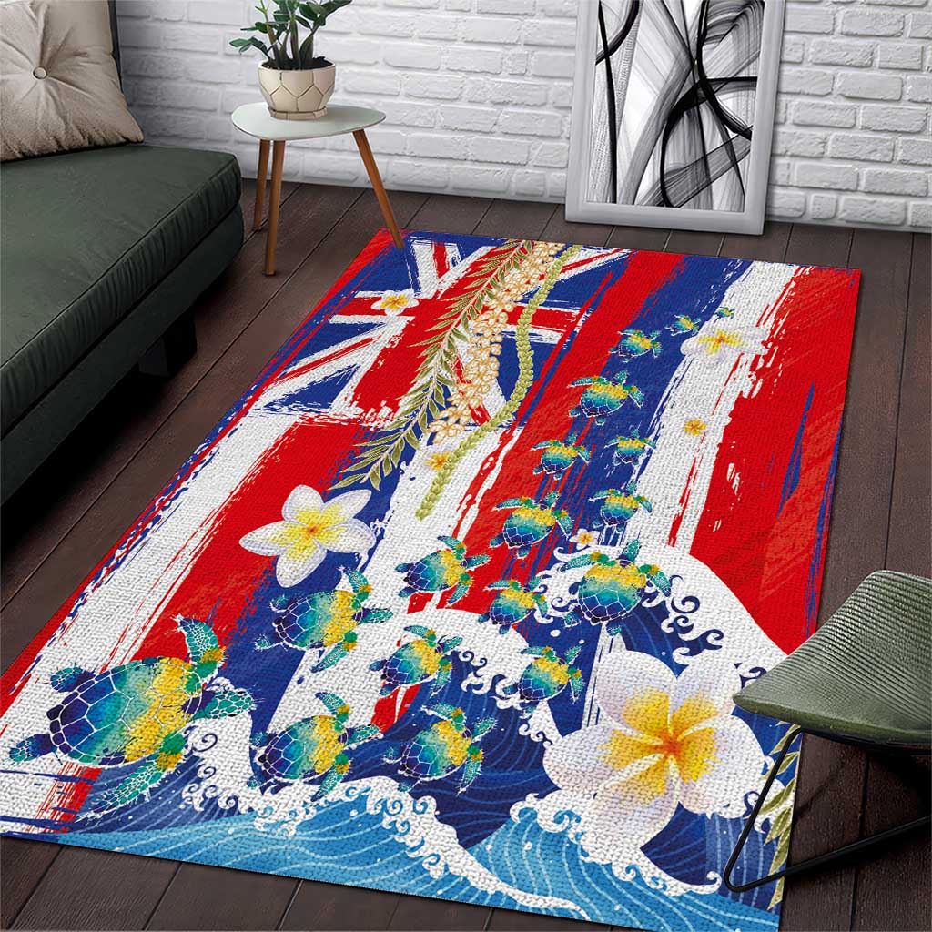 Hawaiian Sea Turtles and Plumeria Area Rug with Lei and Flag Grunge Style LT03 Multicolor - Polynesian Pride