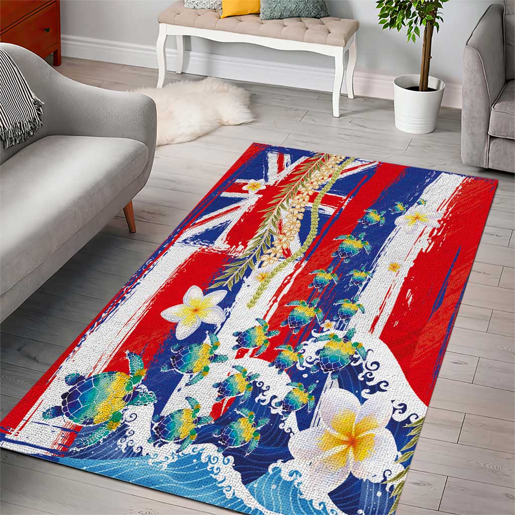 Hawaiian Sea Turtles and Plumeria Area Rug with Lei and Flag Grunge Style LT03 - Polynesian Pride