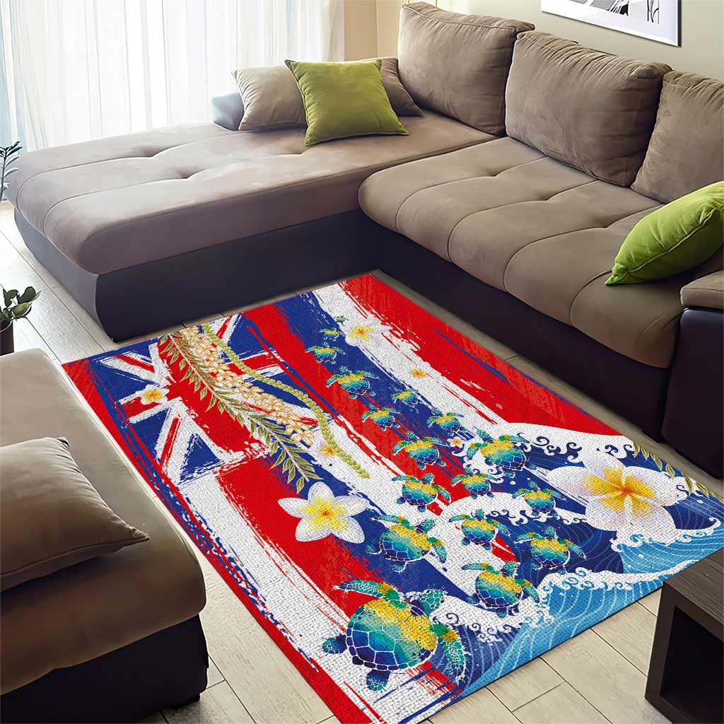 Hawaiian Sea Turtles and Plumeria Area Rug with Lei and Flag Grunge Style LT03 - Polynesian Pride