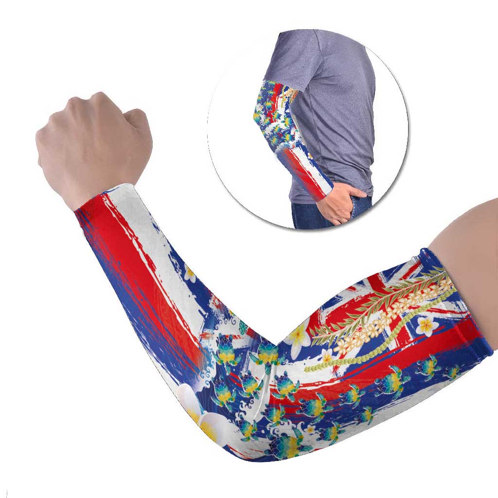 Hawaiian Sea Turtles and Plumeria Arm Sleeves with Lei and Flag Grunge Style LT03 Set of 2 Multicolor - Polynesian Pride