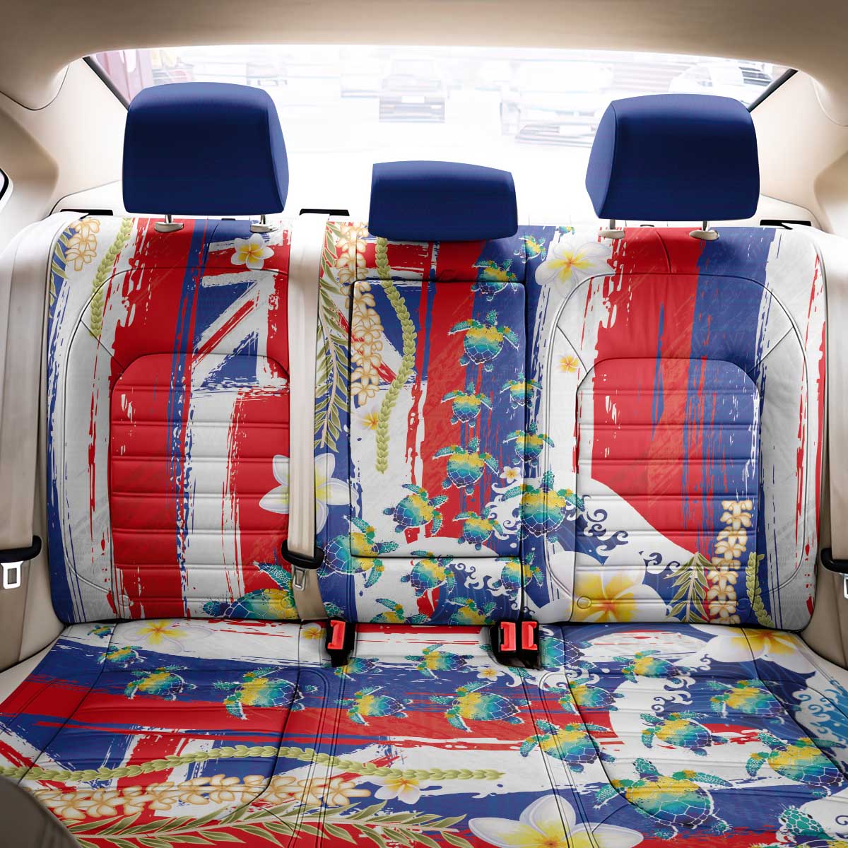 Hawaiian Sea Turtles and Plumeria Back Car Seat Cover with Lei and Flag Grunge Style LT03 - Polynesian Pride