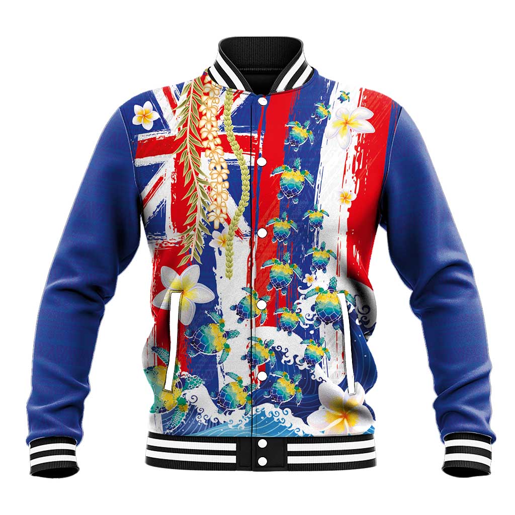 Hawaiian Sea Turtles and Plumeria Baseball Jacket with Lei and Flag Grunge Style