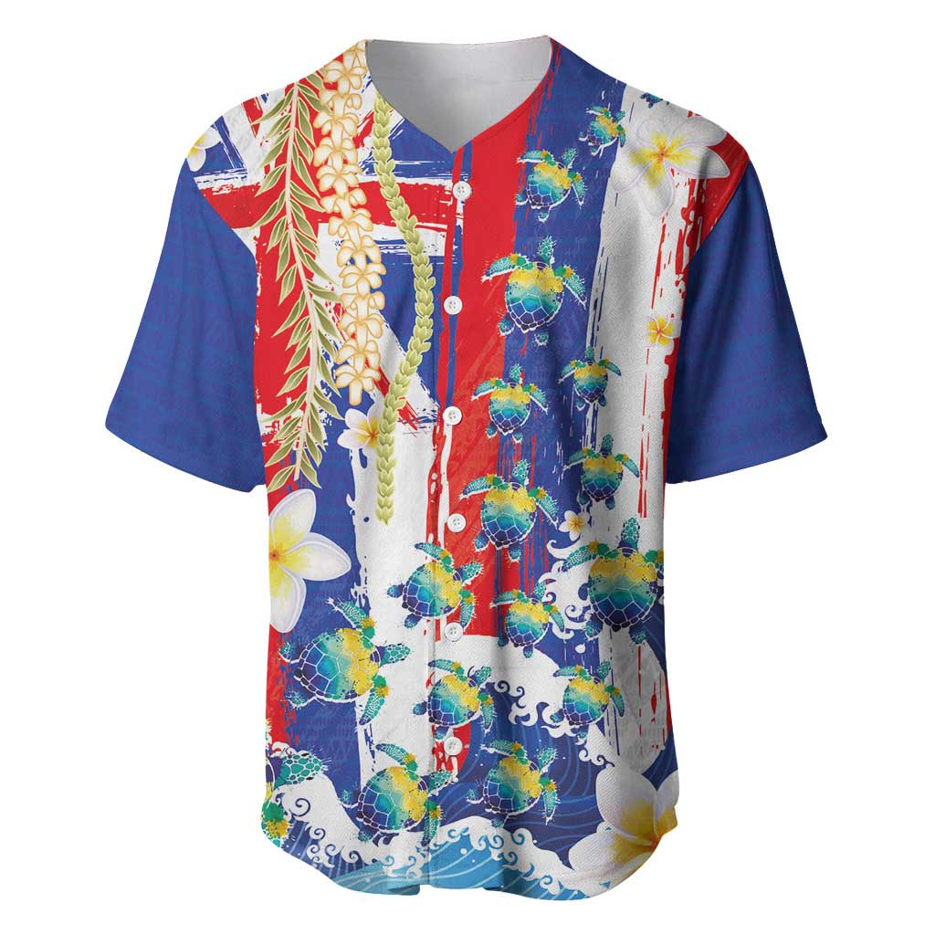 Hawaiian Sea Turtles and Plumeria Baseball Jersey with Lei and Flag Grunge Style