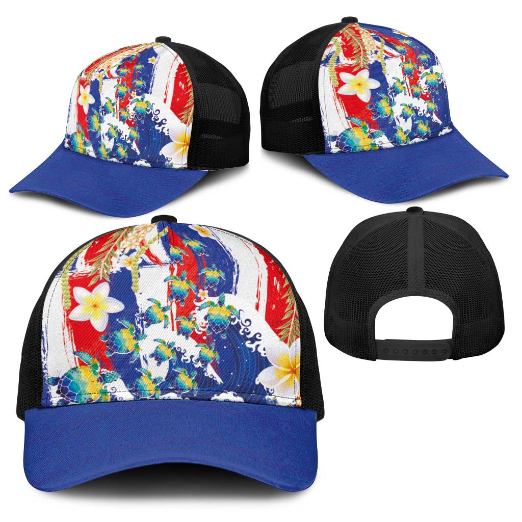 Hawaiian Sea Turtles and Plumeria Baseball Net Cap with Lei and Flag Grunge Style