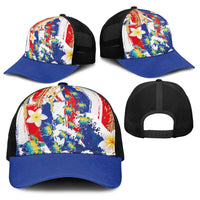 Hawaiian Sea Turtles and Plumeria Baseball Net Cap with Lei and Flag Grunge Style
