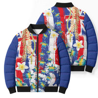 Hawaiian Sea Turtles and Plumeria Bomber Puffer Jacket with Lei and Flag Grunge Style