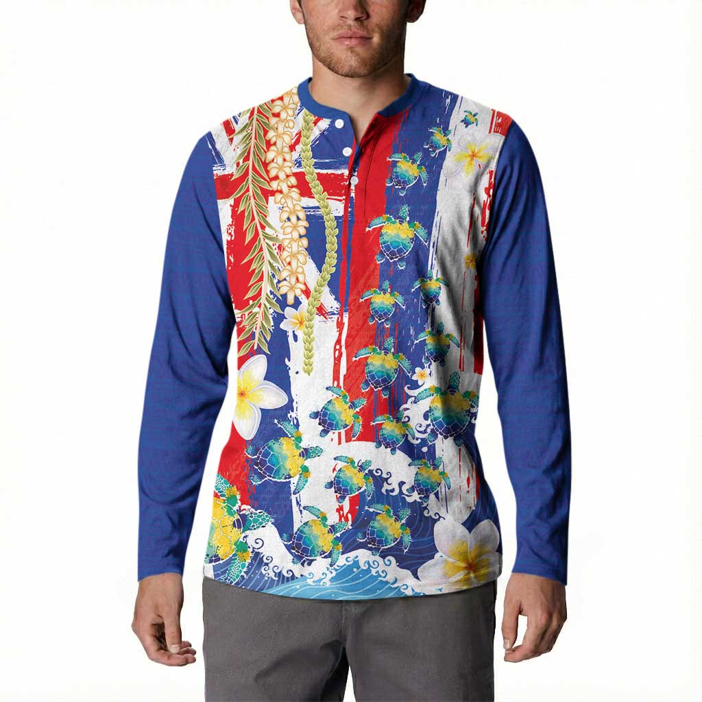 Hawaiian Sea Turtles and Plumeria Button Sweatshirt with Lei and Flag Grunge Style