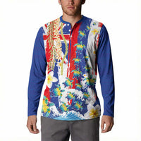 Hawaiian Sea Turtles and Plumeria Button Sweatshirt with Lei and Flag Grunge Style