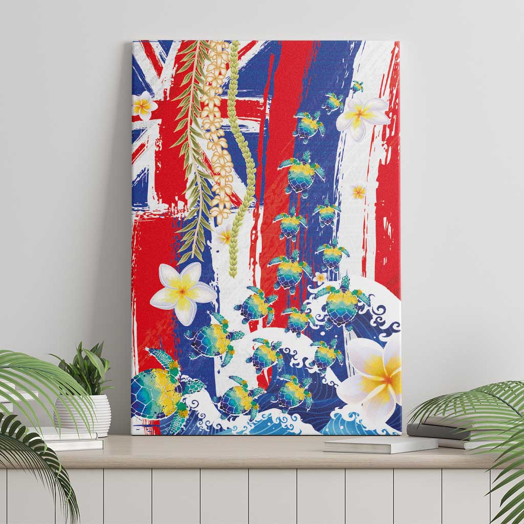Hawaiian Sea Turtles and Plumeria Canvas Wall Art with Lei and Flag Grunge Style