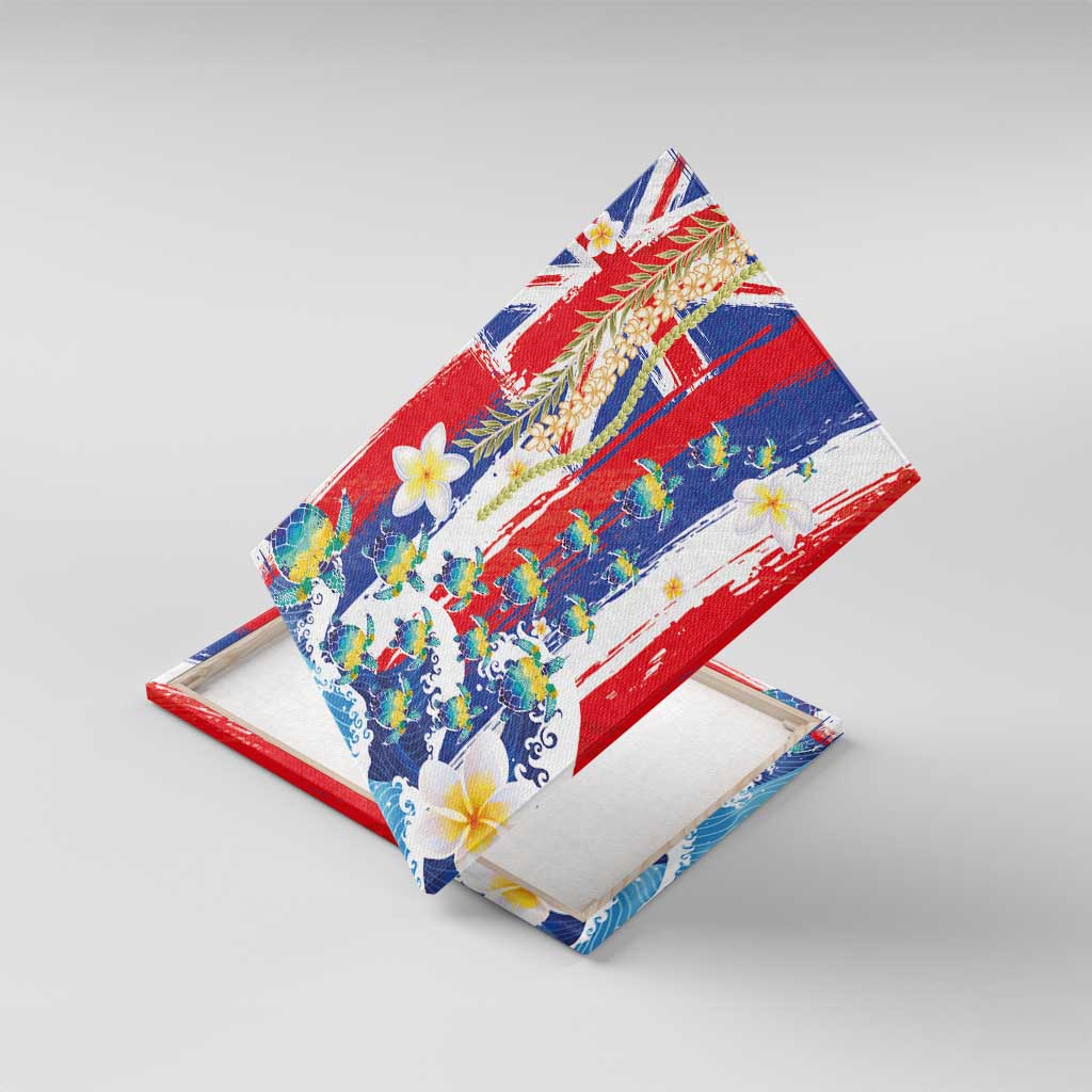 Hawaiian Sea Turtles and Plumeria Canvas Wall Art with Lei and Flag Grunge Style
