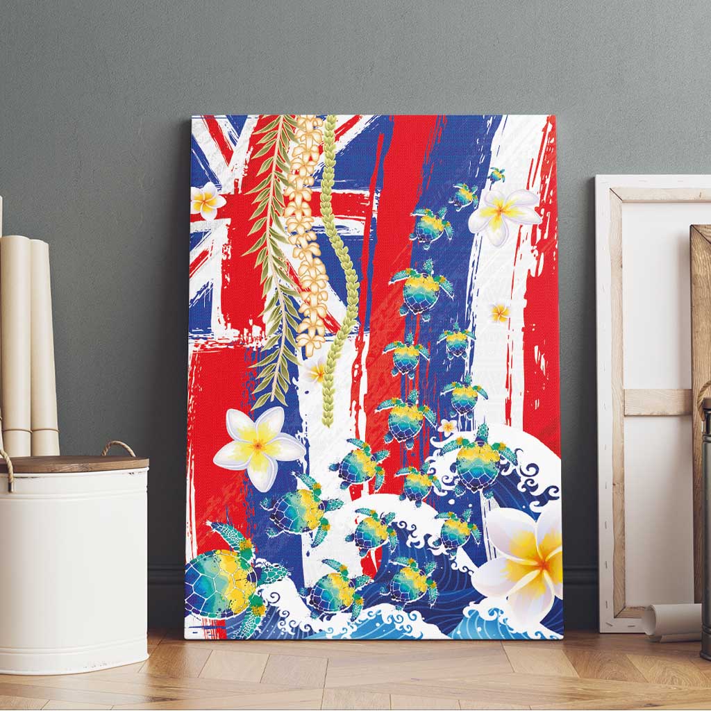 Hawaiian Sea Turtles and Plumeria Canvas Wall Art with Lei and Flag Grunge Style