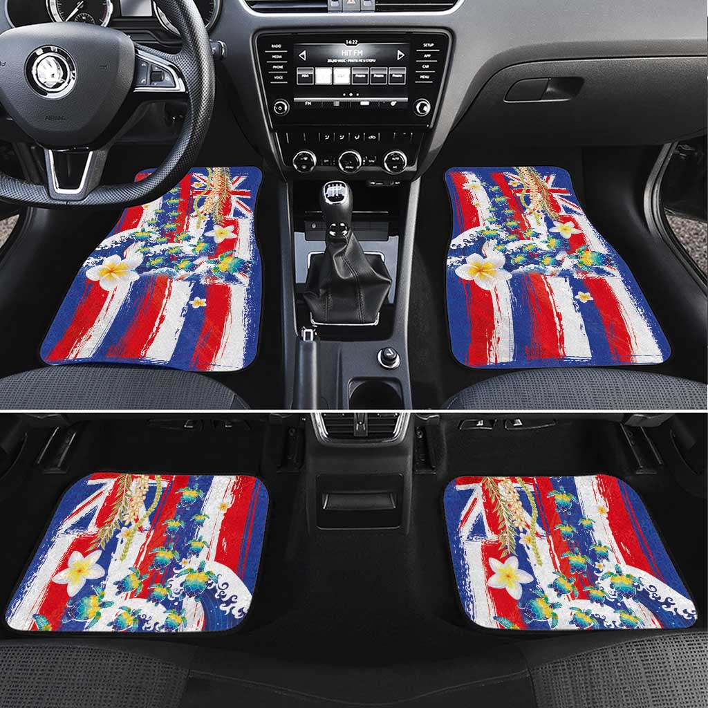 Hawaiian Sea Turtles and Plumeria Car Mats with Lei and Flag Grunge Style