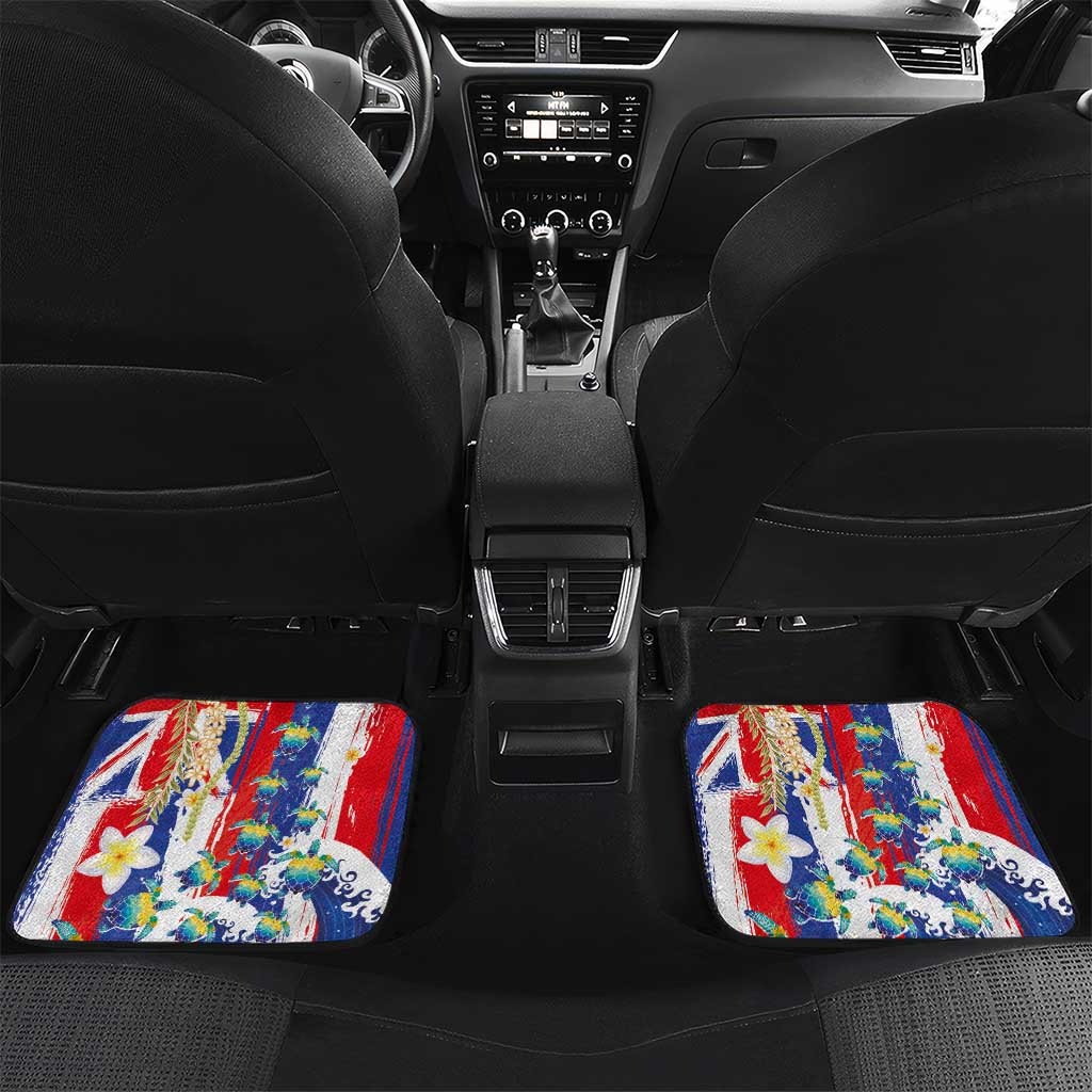 Hawaiian Sea Turtles and Plumeria Car Mats with Lei and Flag Grunge Style LT03 Set 2pcs - Back Multicolor - Polynesian Pride