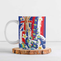 Hawaiian Sea Turtles and Plumeria Ceramic Mug with Lei and Flag Grunge Style