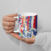 Hawaiian Sea Turtles and Plumeria Ceramic Mug with Lei and Flag Grunge Style