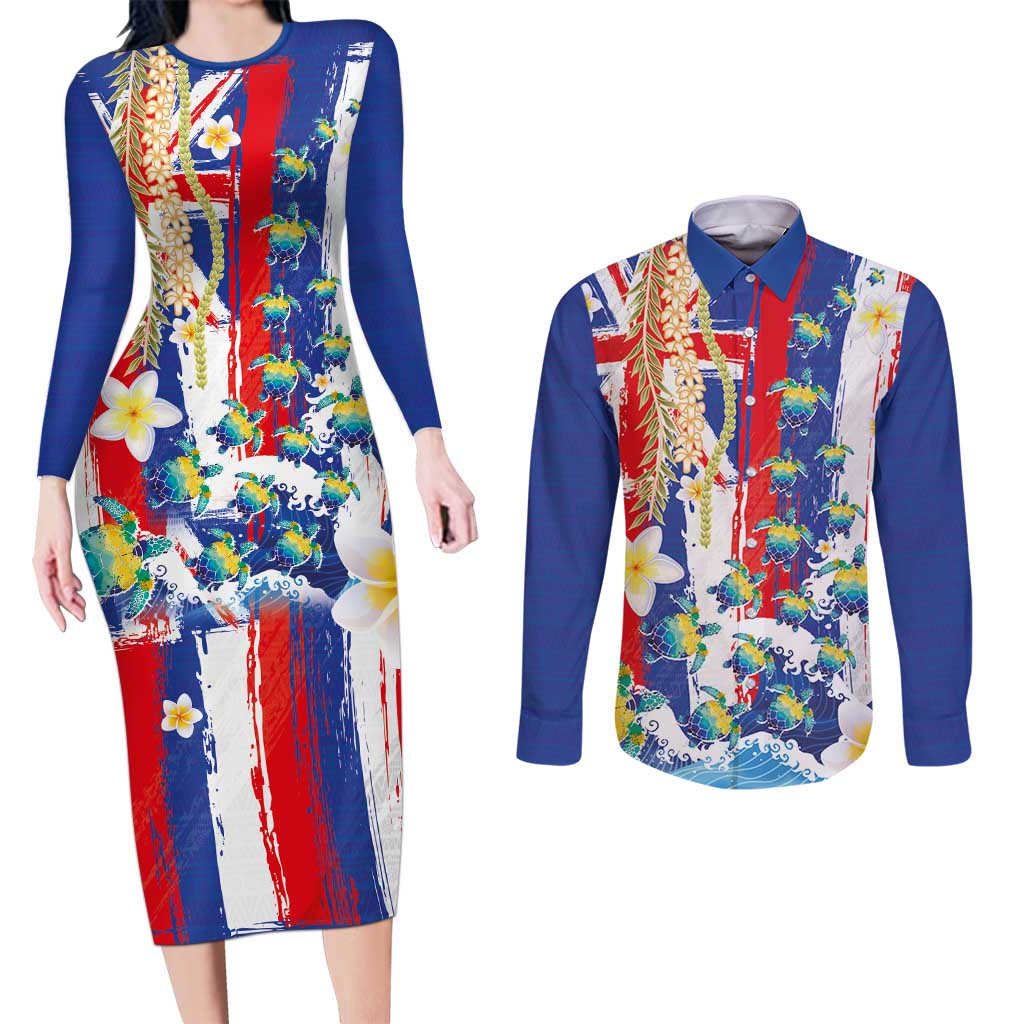 Hawaiian Sea Turtles and Plumeria Couples Matching Long Sleeve Bodycon Dress and Long Sleeve Button Shirt with Lei and Flag Grunge Style LT03 Multicolor - Polynesian Pride