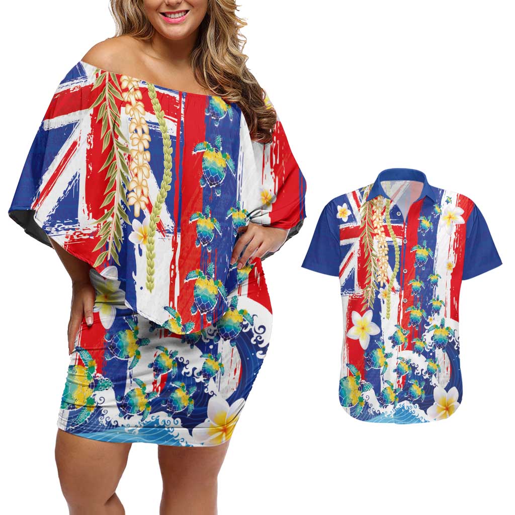 Hawaiian Sea Turtles and Plumeria Couples Matching Off Shoulder Short Dress and Hawaiian Shirt with Lei and Flag Grunge Style LT03 Multicolor - Polynesian Pride