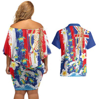 Hawaiian Sea Turtles and Plumeria Couples Matching Off Shoulder Short Dress and Hawaiian Shirt with Lei and Flag Grunge Style LT03 - Polynesian Pride