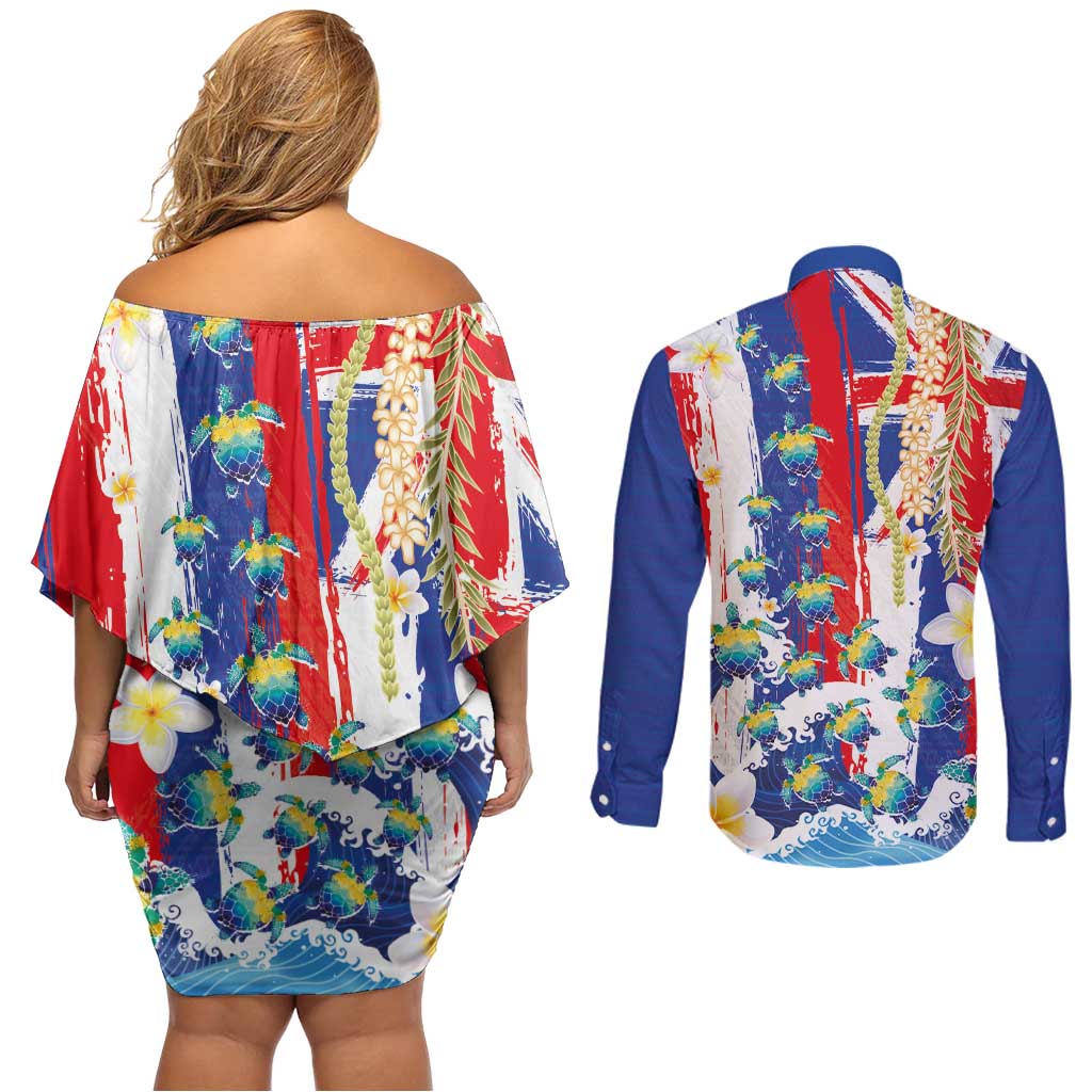 Hawaiian Sea Turtles and Plumeria Couples Matching Off Shoulder Short Dress and Long Sleeve Button Shirt with Lei and Flag Grunge Style LT03 - Polynesian Pride