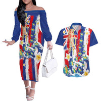 Hawaiian Sea Turtles and Plumeria Couples Matching Off The Shoulder Long Sleeve Dress and Hawaiian Shirt with Lei and Flag Grunge Style LT03 Multicolor - Polynesian Pride