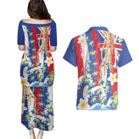 Hawaiian Sea Turtles and Plumeria Couples Matching Puletasi and Hawaiian Shirt with Lei and Flag Grunge Style LT03 - Polynesian Pride