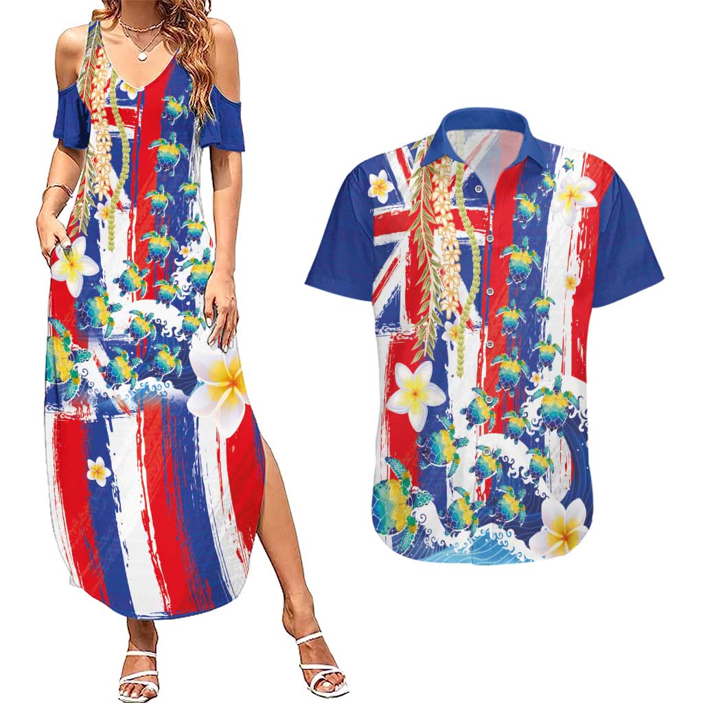 Hawaiian Sea Turtles and Plumeria Couples Matching Summer Maxi Dress and Hawaiian Shirt with Lei and Flag Grunge Style LT03 Multicolor - Polynesian Pride
