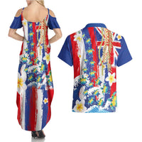 Hawaiian Sea Turtles and Plumeria Couples Matching Summer Maxi Dress and Hawaiian Shirt with Lei and Flag Grunge Style LT03 - Polynesian Pride