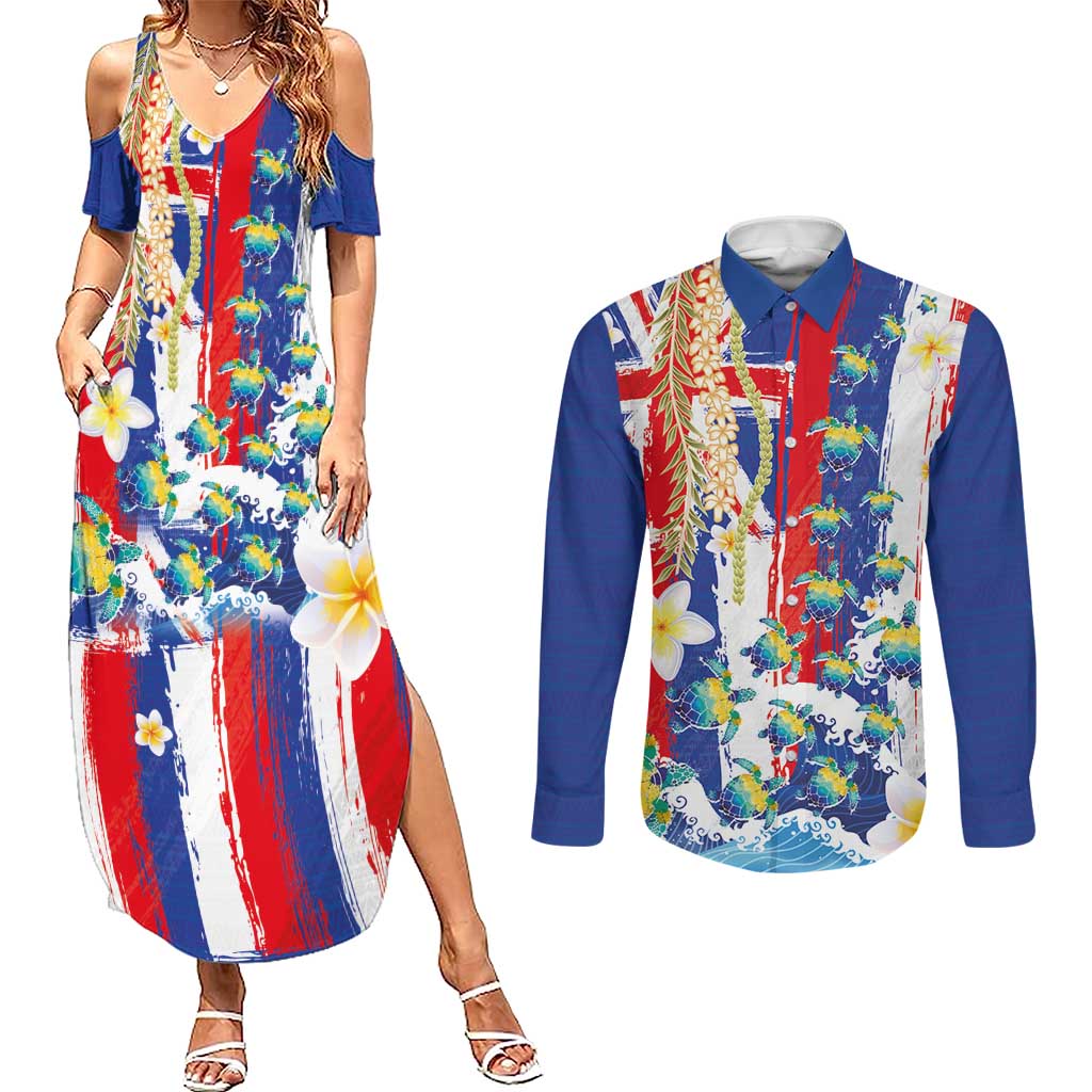Hawaiian Sea Turtles and Plumeria Couples Matching Summer Maxi Dress and Long Sleeve Button Shirt with Lei and Flag Grunge Style LT03 Multicolor - Polynesian Pride