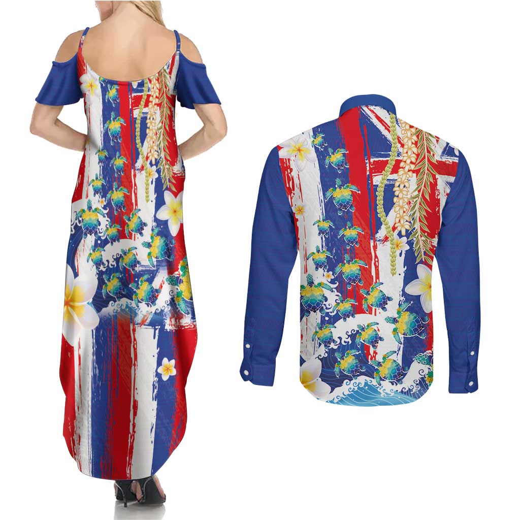 Hawaiian Sea Turtles and Plumeria Couples Matching Summer Maxi Dress and Long Sleeve Button Shirt with Lei and Flag Grunge Style LT03 - Polynesian Pride