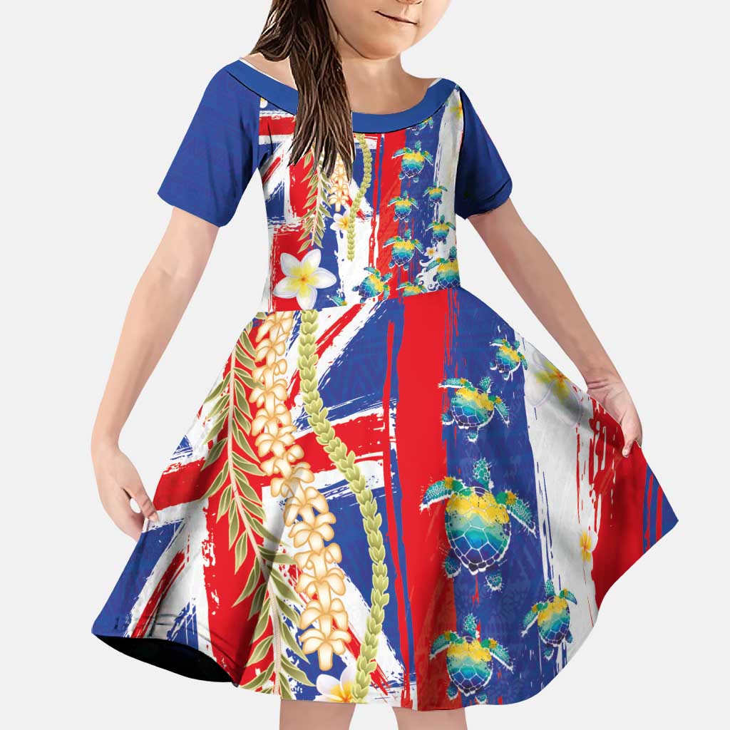 Hawaiian Sea Turtles and Plumeria Family Matching Long Sleeve Bodycon Dress and Hawaiian Shirt with Lei and Flag Grunge Style LT03 Daughter's Dress Multicolor - Polynesian Pride