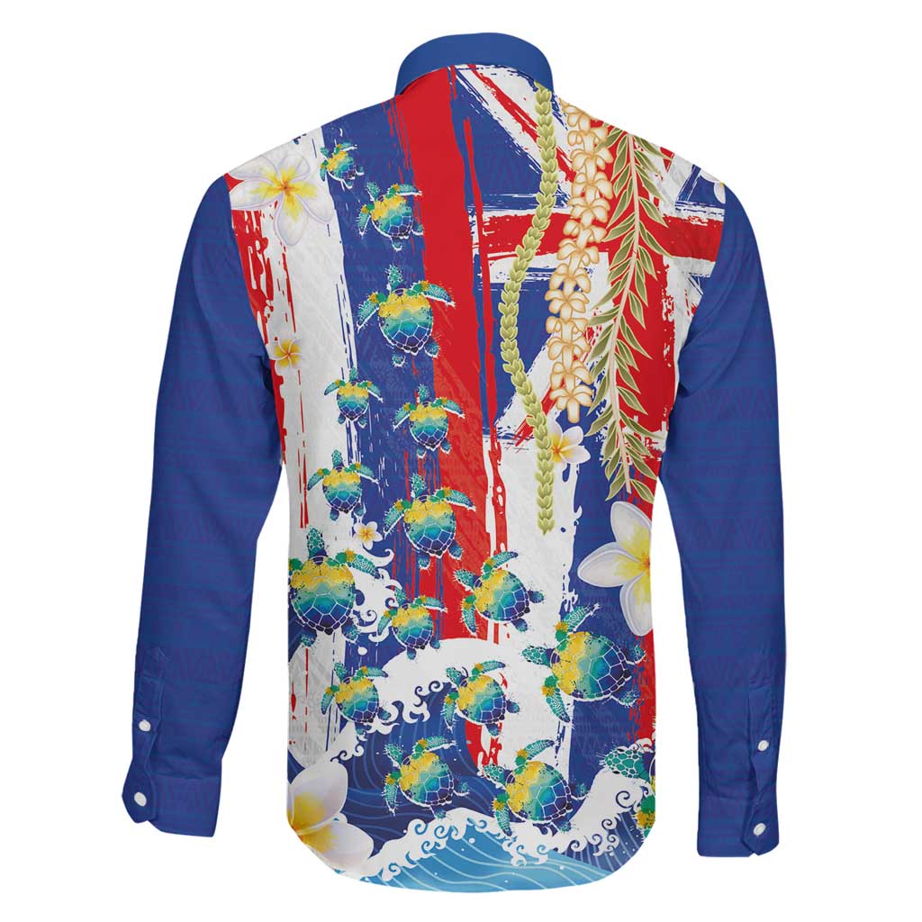 Hawaiian Sea Turtles and Plumeria Family Matching Long Sleeve Bodycon Dress and Hawaiian Shirt with Lei and Flag Grunge Style LT03 - Polynesian Pride