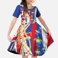 Hawaiian Sea Turtles and Plumeria Family Matching Off Shoulder Maxi Dress and Hawaiian Shirt with Lei and Flag Grunge Style LT03 Daughter's Dress Multicolor - Polynesian Pride