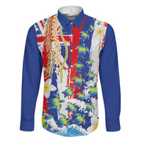 Hawaiian Sea Turtles and Plumeria Family Matching Off Shoulder Maxi Dress and Hawaiian Shirt with Lei and Flag Grunge Style LT03 Dad's Shirt - Long Sleeve Multicolor - Polynesian Pride