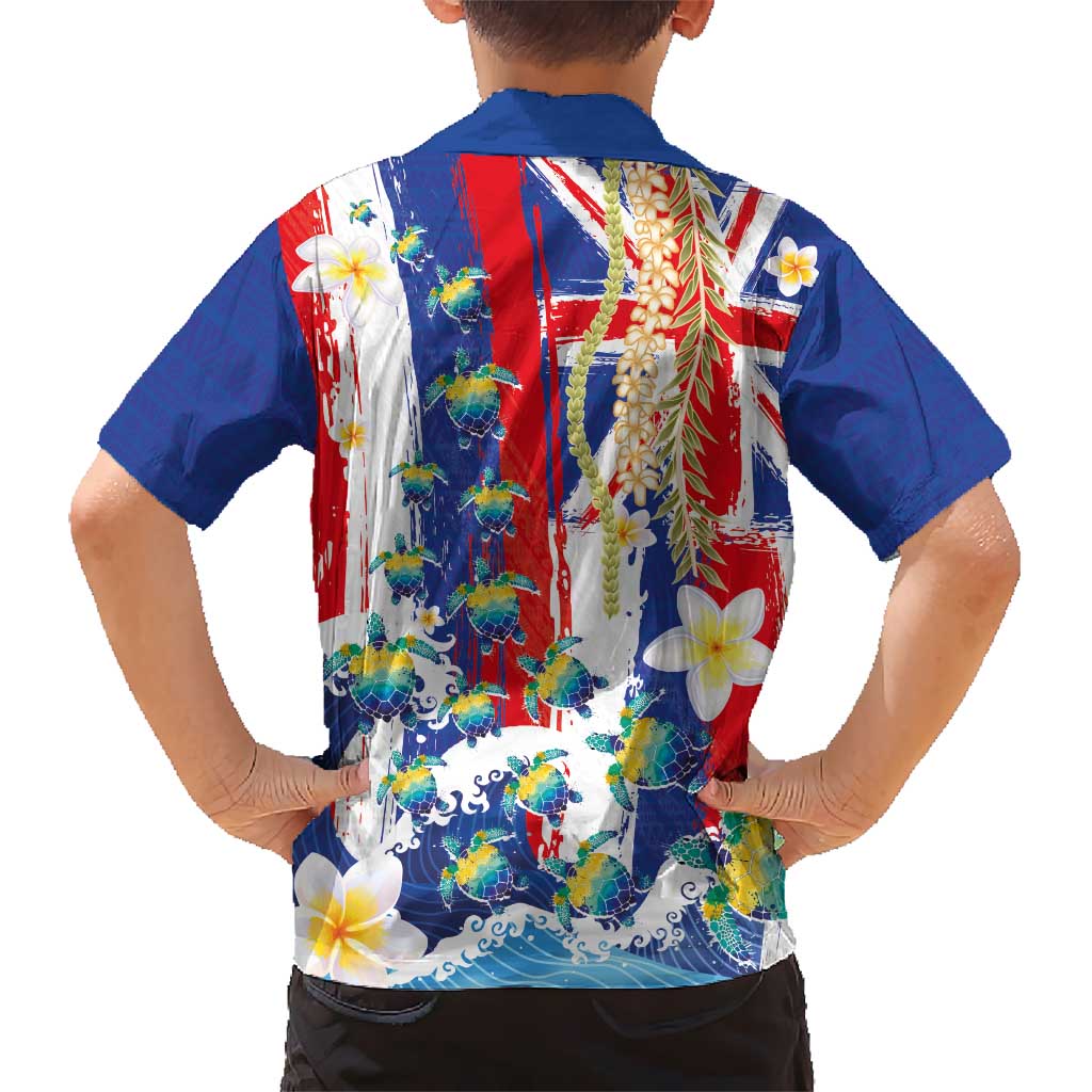 Hawaiian Sea Turtles and Plumeria Family Matching Off Shoulder Short Dress and Hawaiian Shirt with Lei and Flag Grunge Style LT03 - Polynesian Pride