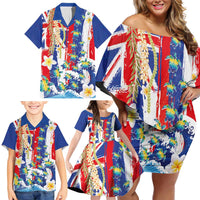 Hawaiian Sea Turtles and Plumeria Family Matching Off Shoulder Short Dress and Hawaiian Shirt with Lei and Flag Grunge Style LT03 - Polynesian Pride