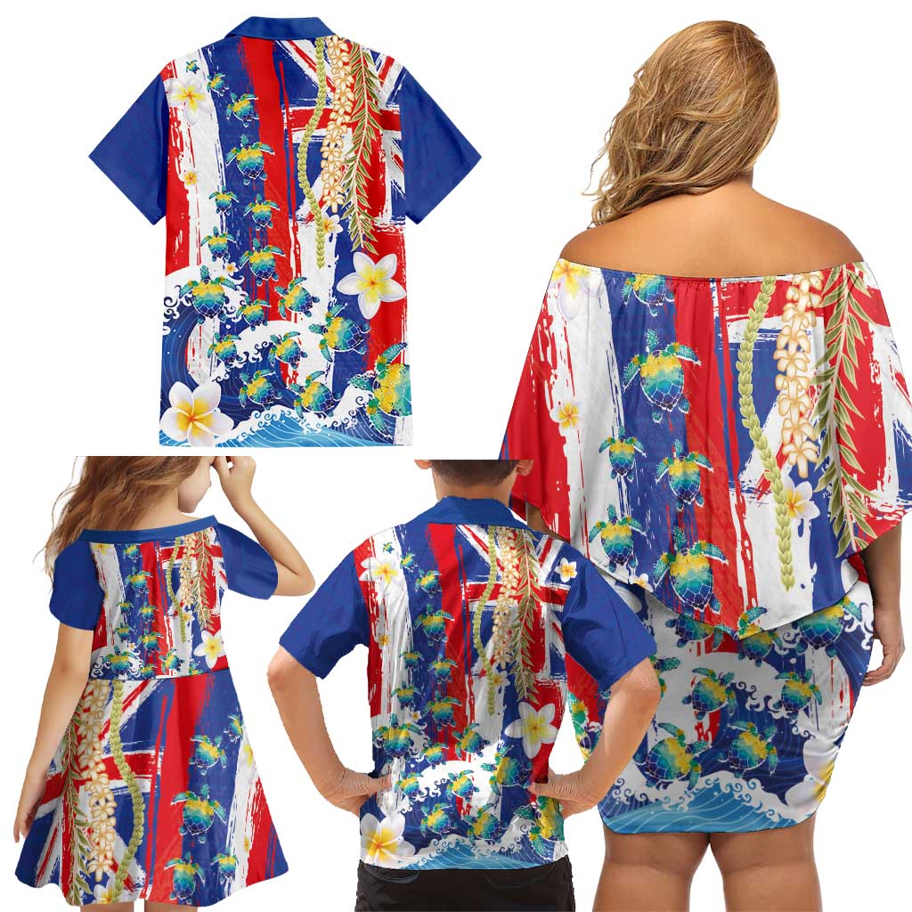 Hawaiian Sea Turtles and Plumeria Family Matching Off Shoulder Short Dress and Hawaiian Shirt with Lei and Flag Grunge Style LT03 - Polynesian Pride