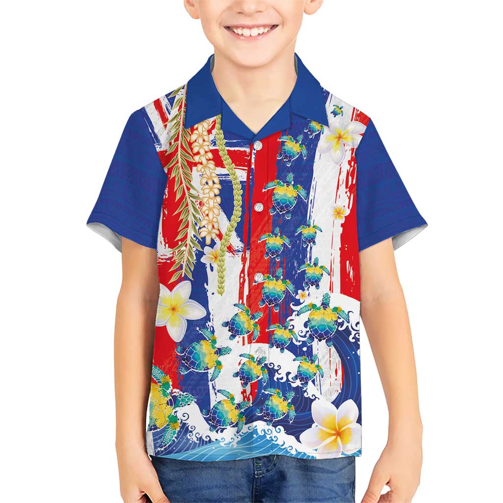 Hawaiian Sea Turtles and Plumeria Family Matching Off Shoulder Short Dress and Hawaiian Shirt with Lei and Flag Grunge Style LT03 Son's Shirt Multicolor - Polynesian Pride