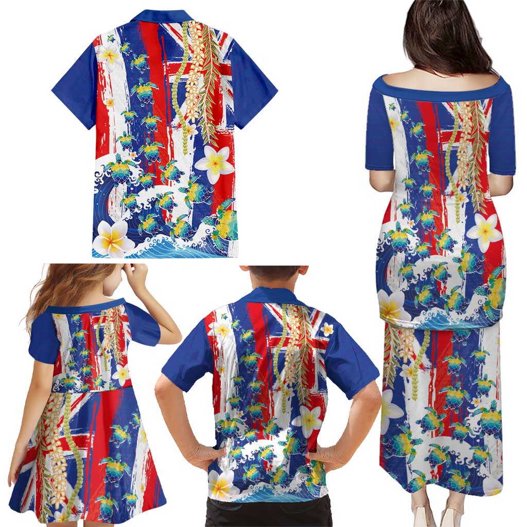 Hawaiian Sea Turtles and Plumeria Family Matching Puletasi and Hawaiian Shirt with Lei and Flag Grunge Style LT03 - Polynesian Pride