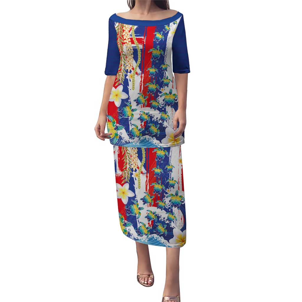 Hawaiian Sea Turtles and Plumeria Family Matching Puletasi and Hawaiian Shirt with Lei and Flag Grunge Style LT03 Mom's Dress Multicolor - Polynesian Pride