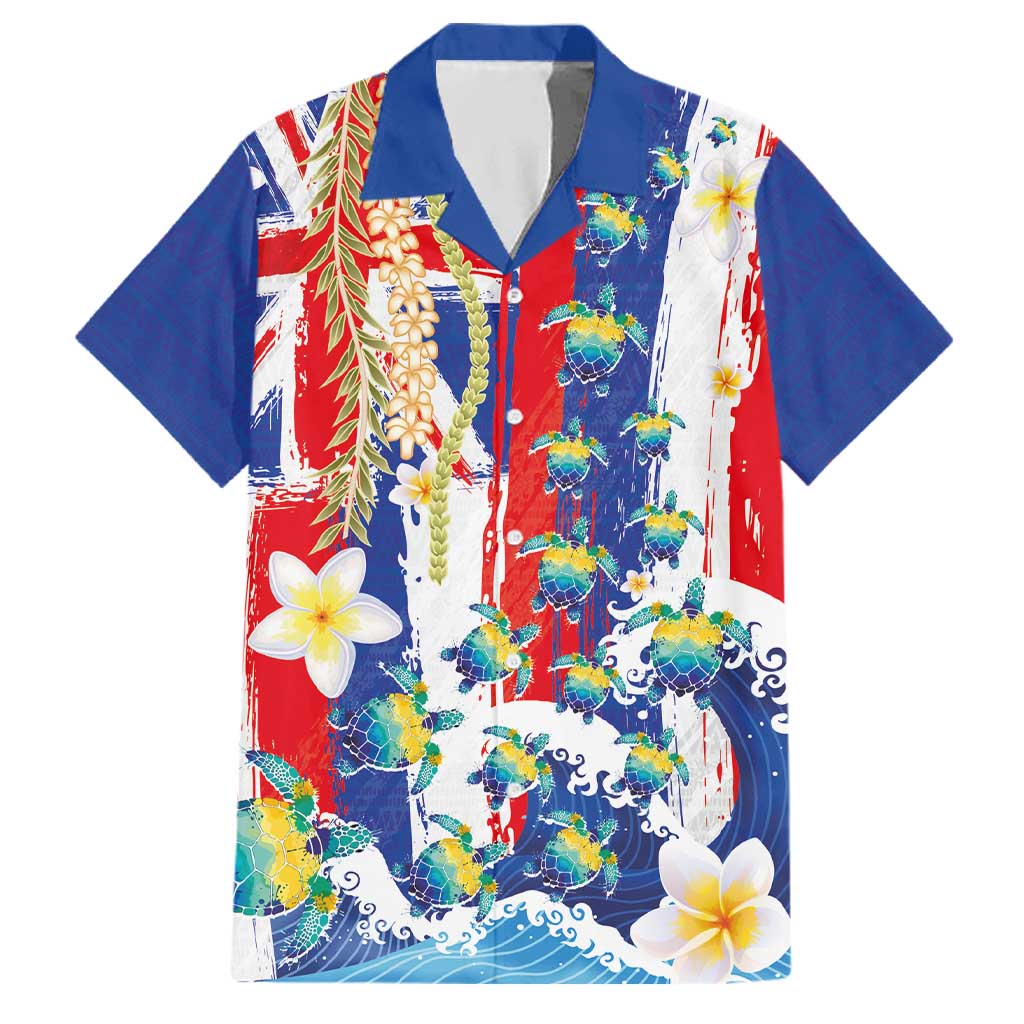 Hawaiian Sea Turtles and Plumeria Family Matching Summer Maxi Dress and Hawaiian Shirt with Lei and Flag Grunge Style LT03 Dad's Shirt - Short Sleeve Multicolor - Polynesian Pride