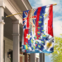 Hawaiian Sea Turtles and Plumeria Garden Flag with Lei and Flag Grunge Style LT03 House Flag Multicolor - Polynesian Pride