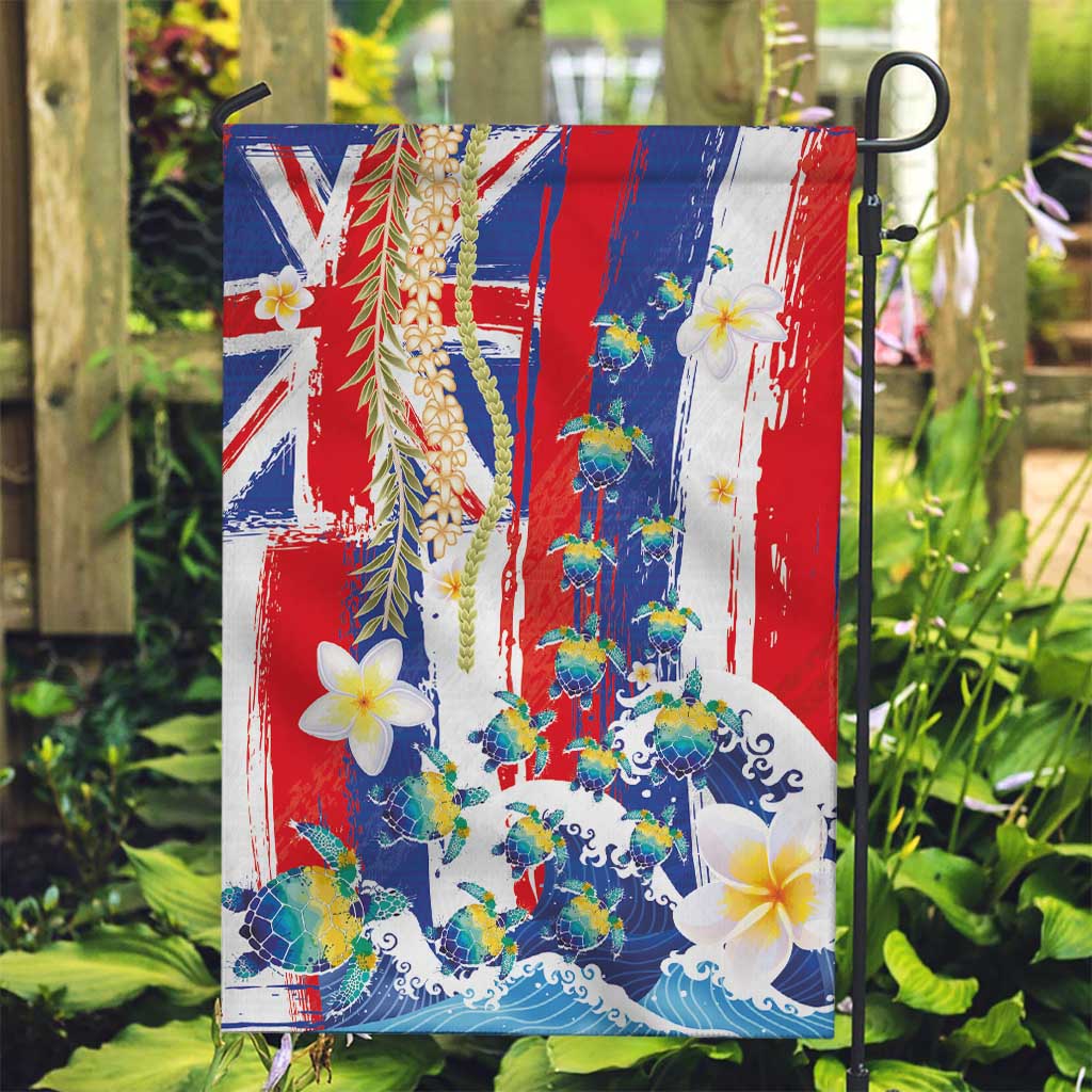 Hawaiian Sea Turtles and Plumeria Garden Flag with Lei and Flag Grunge Style LT03 Garden Flag Multicolor - Polynesian Pride