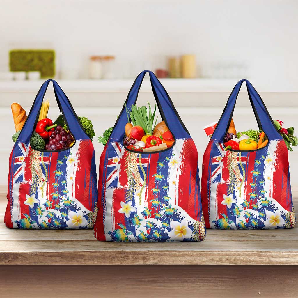 Hawaiian Sea Turtles and Plumeria Grocery Bag with Lei and Flag Grunge Style LT03 3-pack One Size Multicolor - Polynesian Pride