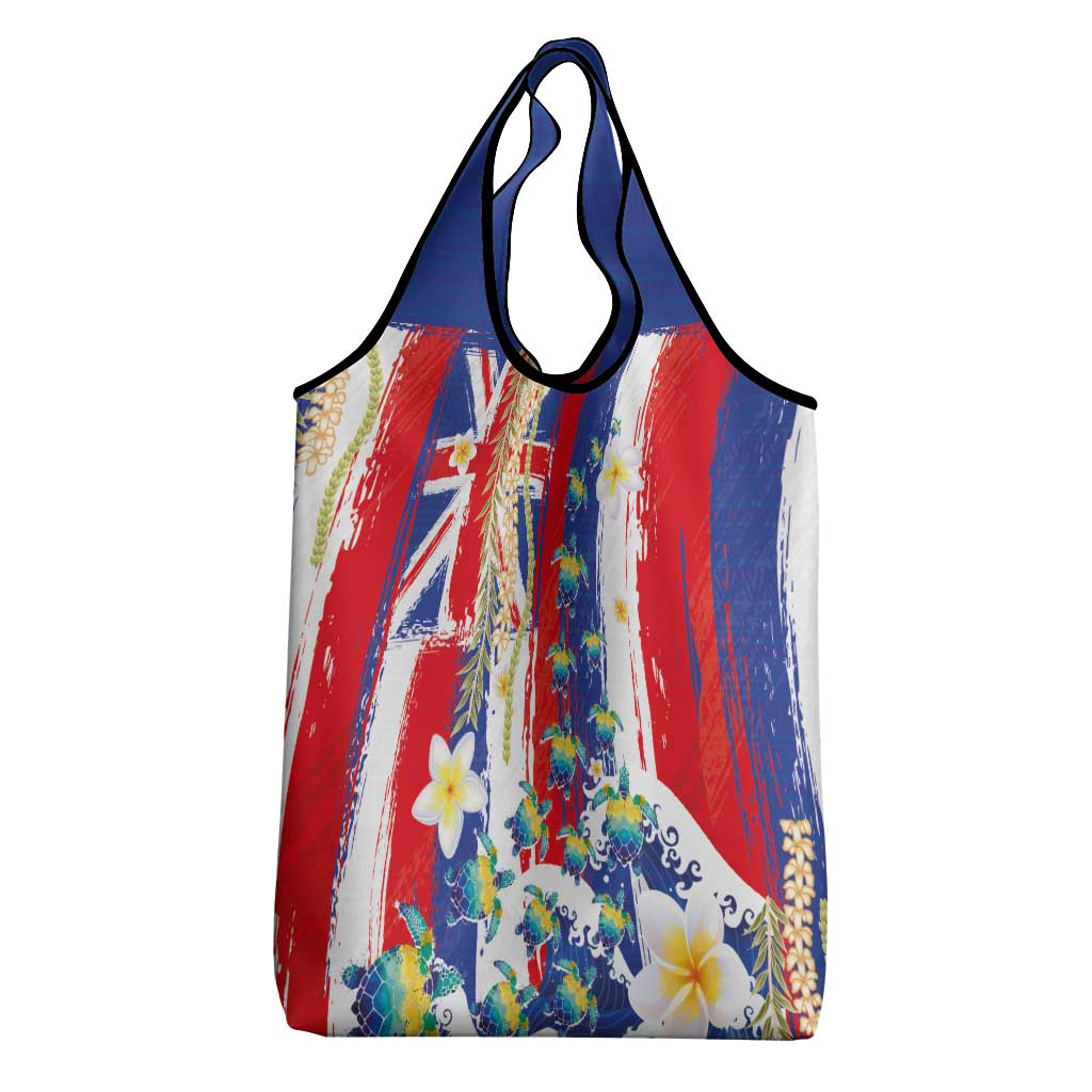 Hawaiian Sea Turtles and Plumeria Grocery Bag with Lei and Flag Grunge Style LT03 - Polynesian Pride