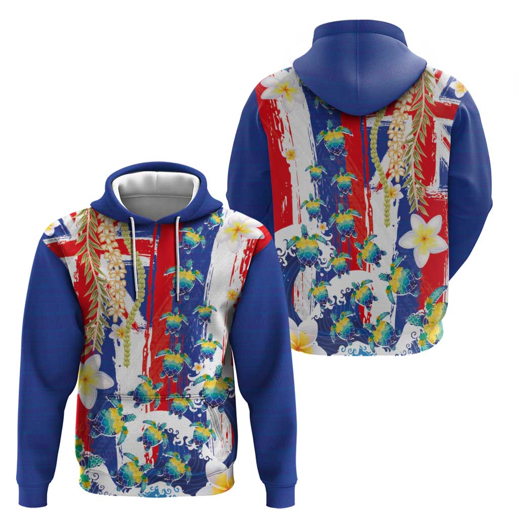 Hawaiian Sea Turtles and Plumeria Hoodie with Lei and Flag Grunge Style LT03 - Polynesian Pride