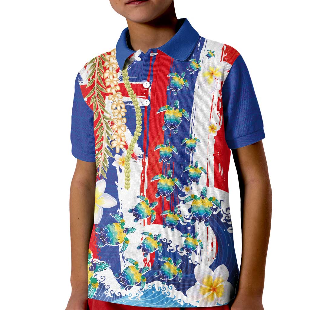 Hawaiian Sea Turtles and Plumeria Kid Polo Shirt with Lei and Flag Grunge Style LT03 Kid Multicolor - Polynesian Pride