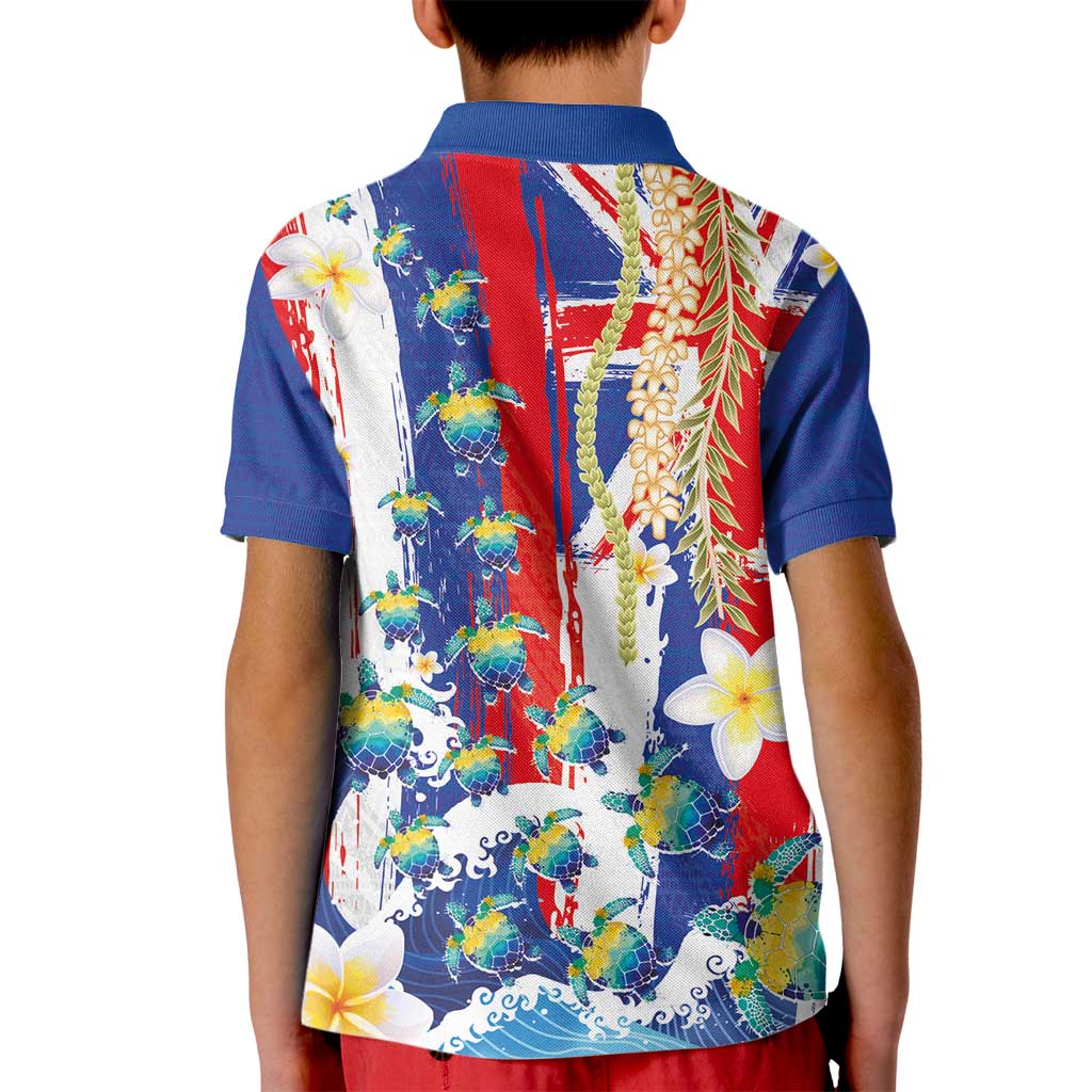 Hawaiian Sea Turtles and Plumeria Kid Polo Shirt with Lei and Flag Grunge Style LT03 - Polynesian Pride